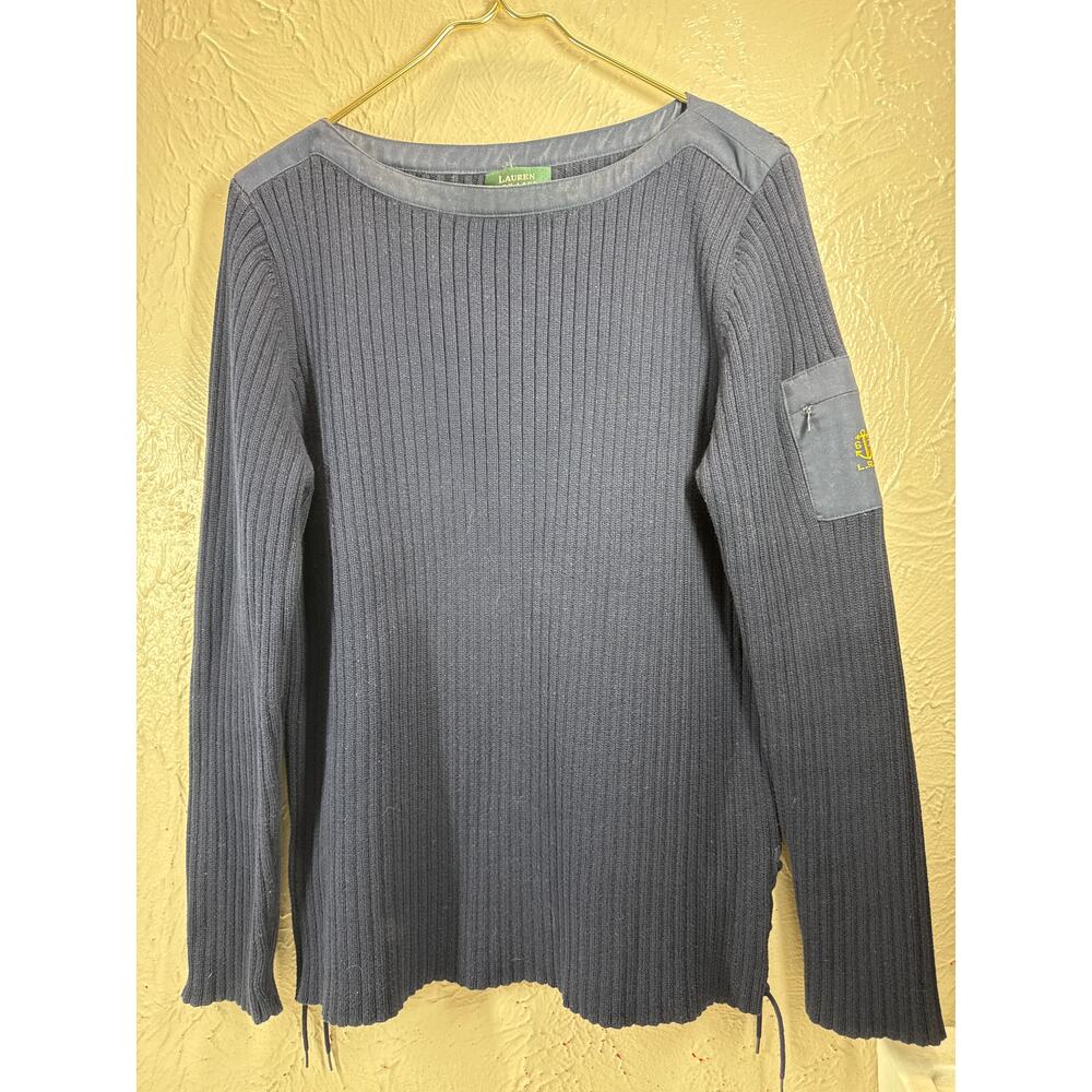 LRL Lauren Ralph Lauren Blue Nautical Boat Neck Ribbed Sweater Anchor Pocket L